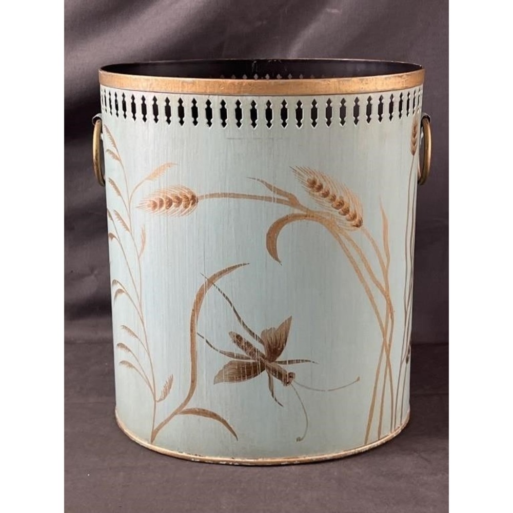 Vintage Hand Painted Metal Wastebasket Blue Gold Wheat Grasshopper Oval Bin